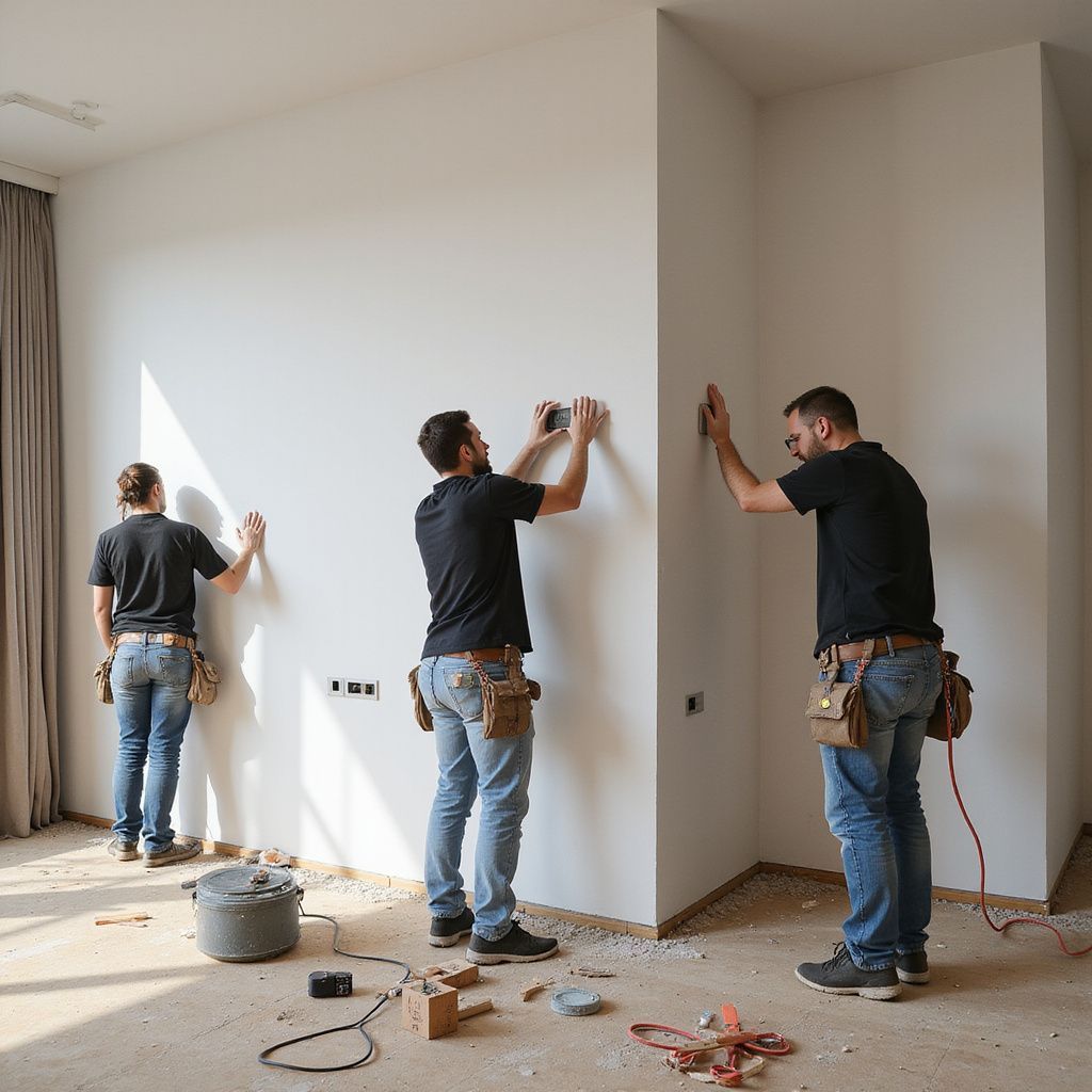 Three men in a room installing something on a white wall. They wear jeans and tool belts.