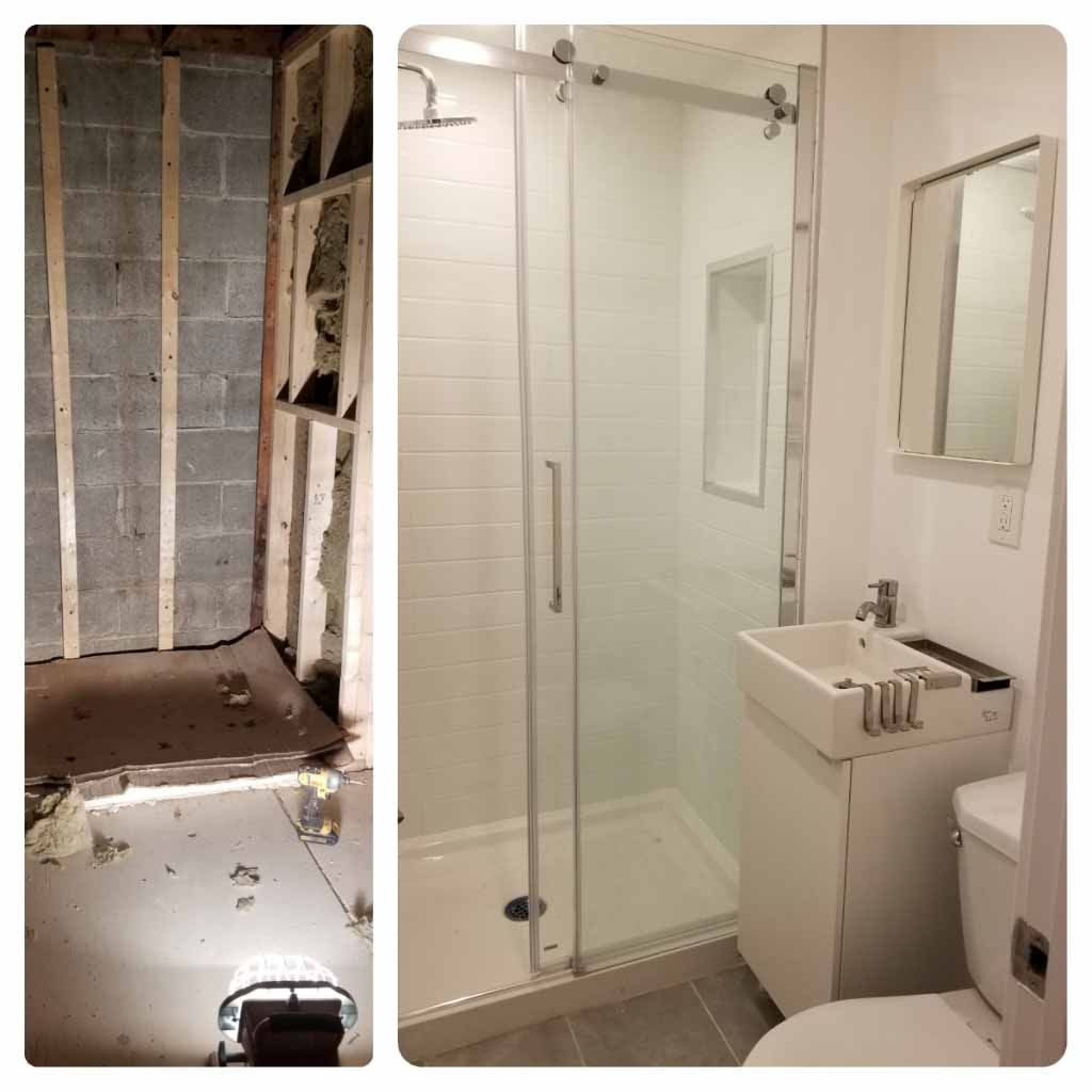 A before and after picture of a bathroom with a shower and sink.