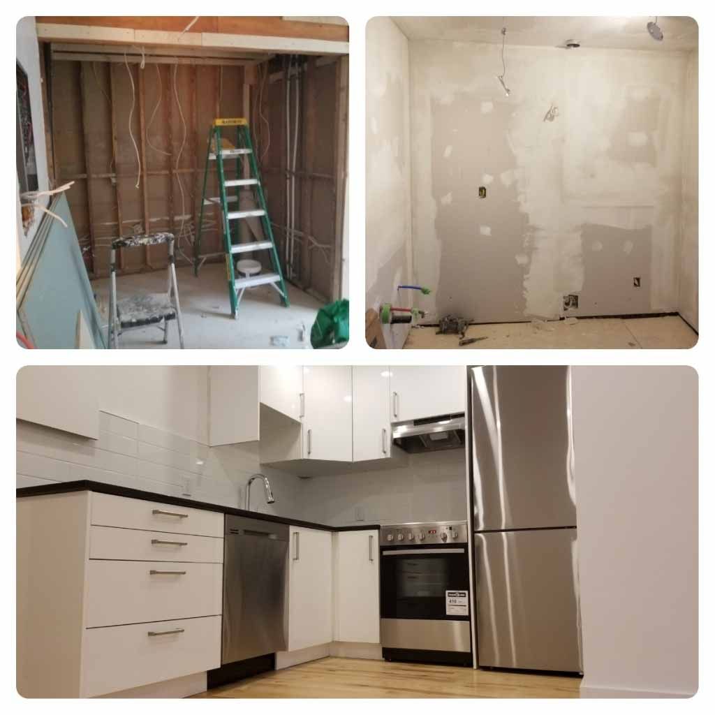 A collage of three pictures of a kitchen under construction.