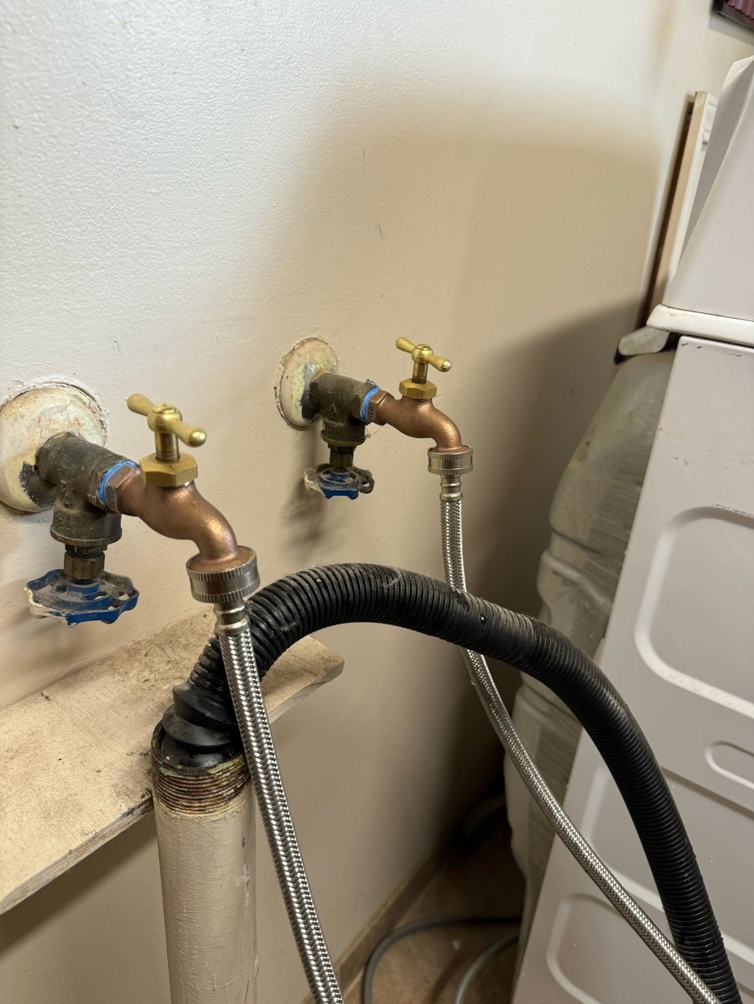 Two faucets are connected to a hose in a laundry room.