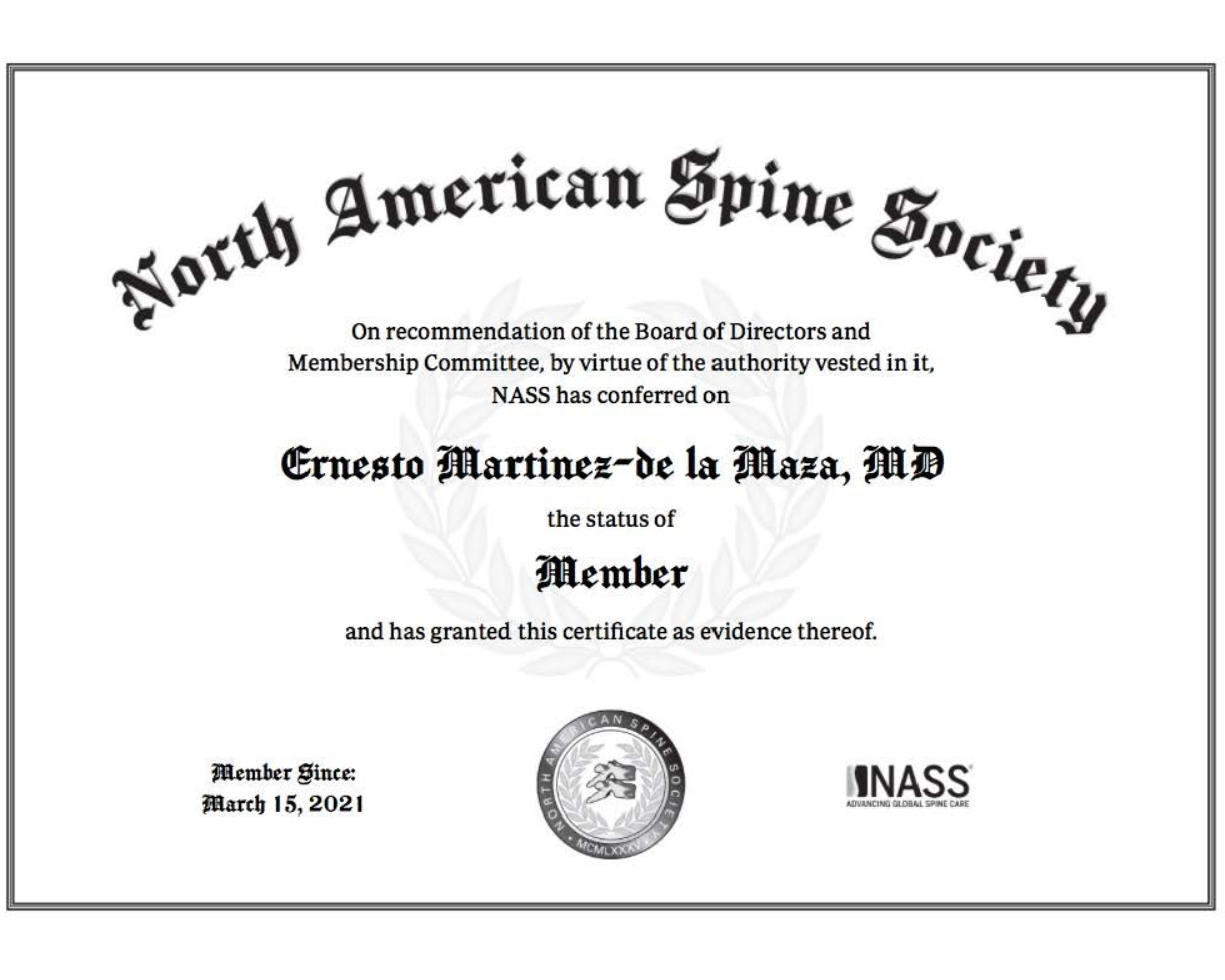 Certificado de la North American Spine Society que nombra al Dr. Ernesto Martínez-de la Maza como miembro.