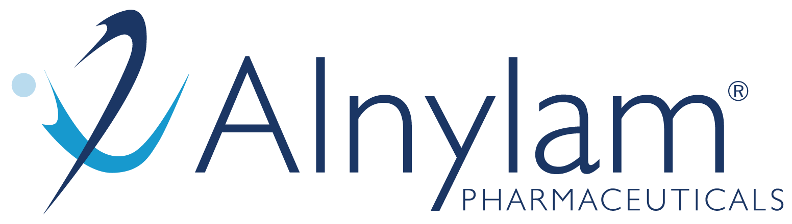 Alnylam Pharmaceuticals logo: Blue abstract design with text "Alnylam" and "PHARMACEUTICALS".