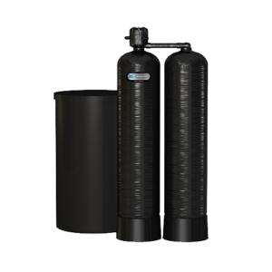 Two black water filters are sitting next to each other on a white background.