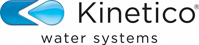 A logo for kinetico water systems with a blue circle on a white background.