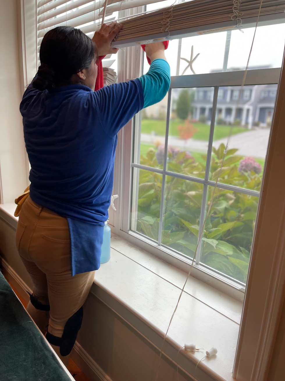 Maid cleaning a window