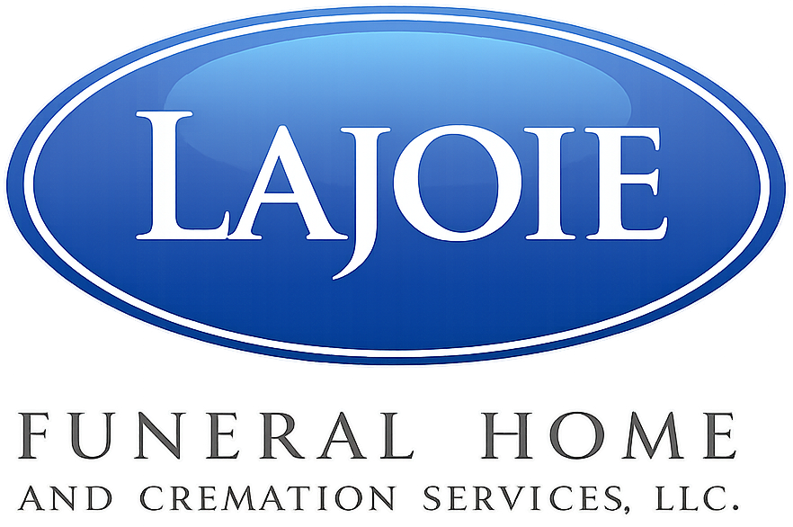 Logo for Lajoie Funeral Home and Cremation Services, LLC: blue oval with white text "LAJOIE", below text "FUNERAL HOME and CREMATION SERVICES, LLC."