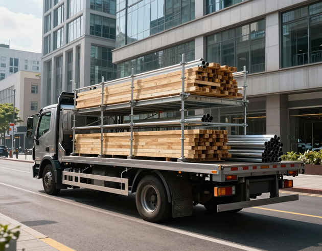 Un camion pianale trasporta attrezzature da cantiere e materiali edili lungo una strada urbana.
