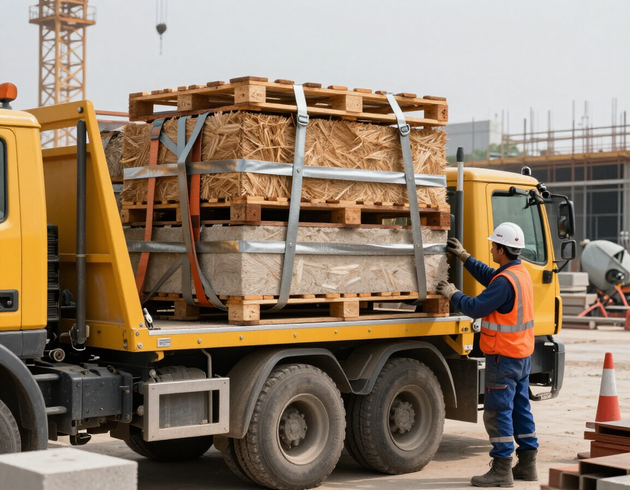 Un autocarro da trasporto carica materiali da costruzione e attrezzature con sistemi di fissaggio in un contesto di cantiere professionale.