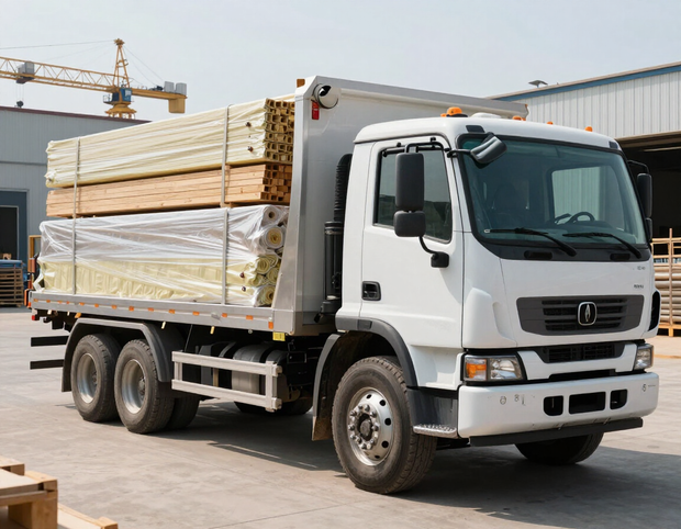 Un mezzo da trasporto carico di forniture edili e attrezzature fissate in modo sicuro durante le operazioni di consegna.