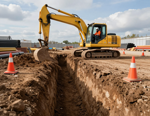 Mini escavatore al lavoro in una trincea per la posa di tubazioni fognarie in un cantiere ordinato.