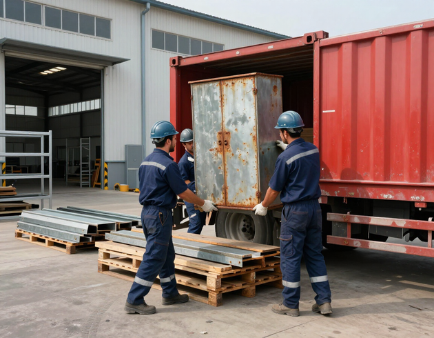 Operatori durante il carico di materiali ingombranti su un mezzo scarrabile in area di lavoro ordinata.