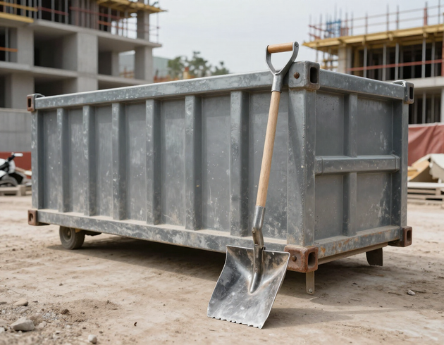 Attrezzatura e cassone pronti per la raccolta di materiali voluminosi in cantiere.