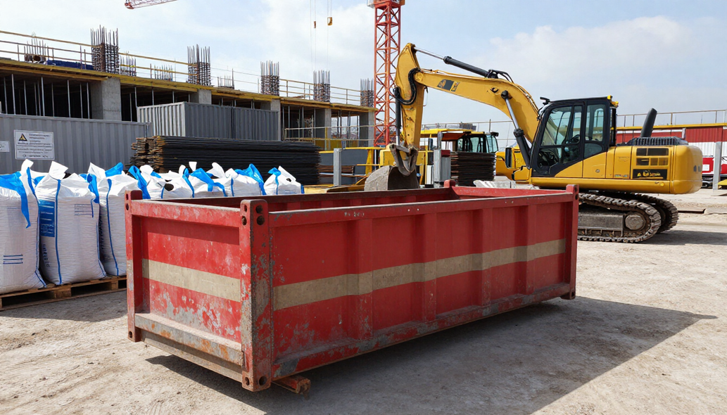 Cantiere ordinato con cassone scarrabile e mezzi operativi per il ritiro dei rifiuti di cantiere.