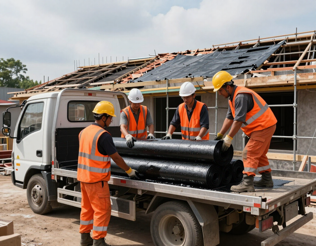 Operai che caricano guaine bituminose su un autocarro autorizzato durante un intervento di ritiro in cantiere.