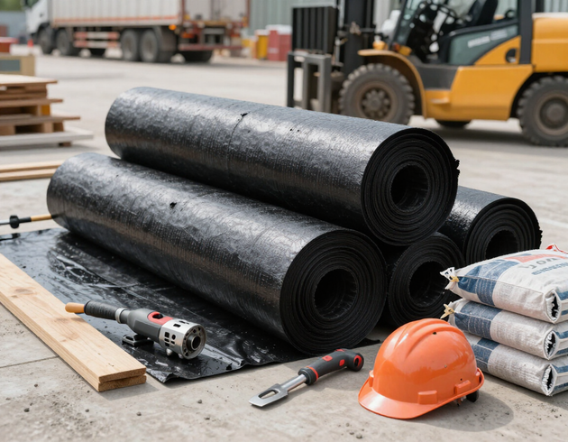 Rotoli di guaina bituminosa rimossi e disposti ordinatamente in un cantiere edile.