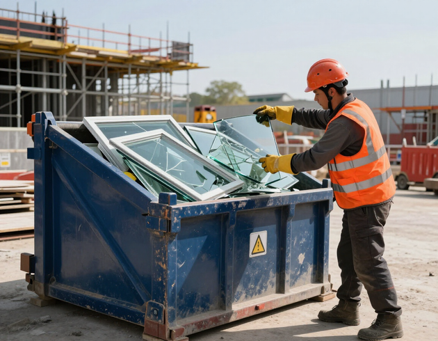 Operatore con dispositivi di protezione individuale carica vetro frantumato in un cassone scarrabile dedicato.