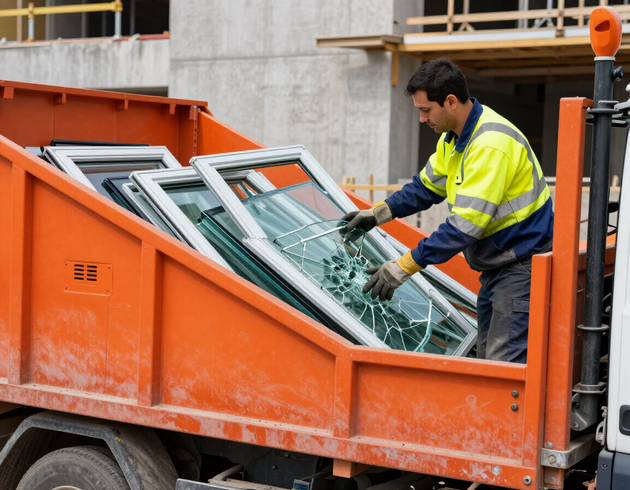 Operatore in cantiere seleziona frammenti di vetro e telai dismessi per il carico in sicurezza su un cassone dedicato.