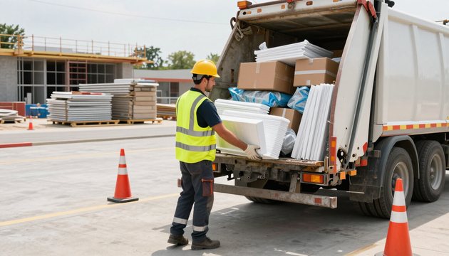 Operatore che carica imballaggi misti da cantiere su un mezzo autorizzato.