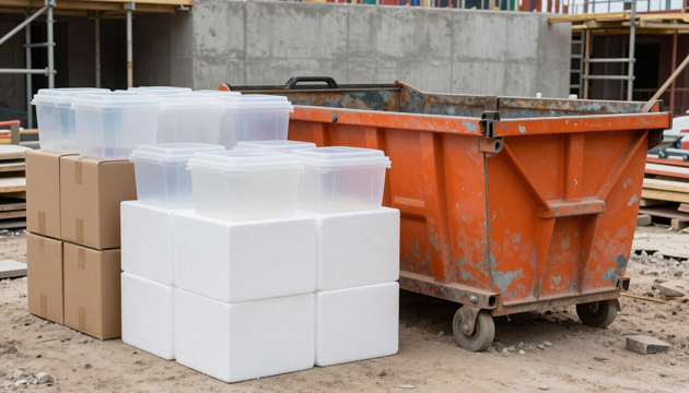 Materiali di imballaggio misti impilati accanto a un cassone scarrabile in un cantiere.