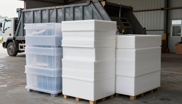 Imballaggi misti da cantiere ordinati in un'area di raccolta con cassone scarrabile sullo sfondo.