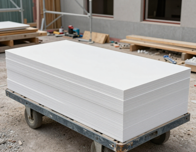 Lastre di cartongesso impilate e preparate per il ritiro in un cantiere ordinato.