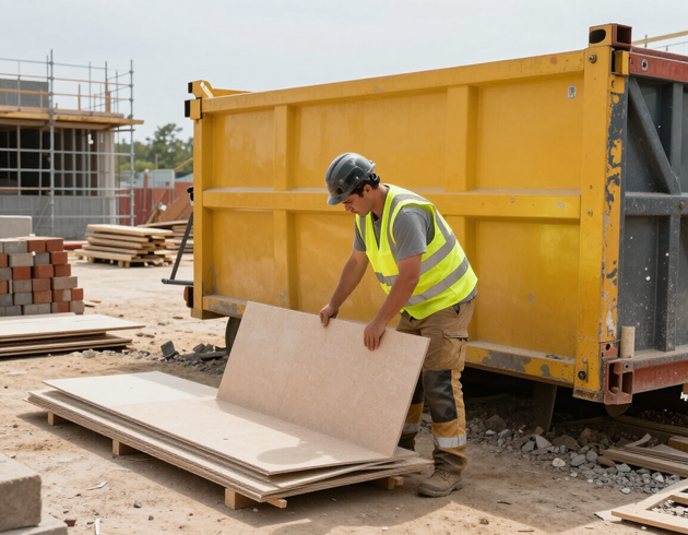 Operaio in cantiere separa lastre di cartongesso vicino a un cassone scarrabile dedicato al conferimento dei rifiuti di lavorazione.