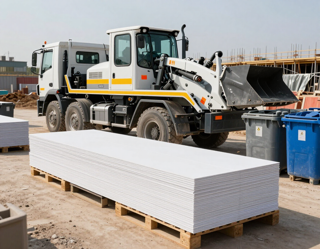 Camion scarrabile in area di cantiere con lastre di cartongesso impilate e pronte per il ritiro.