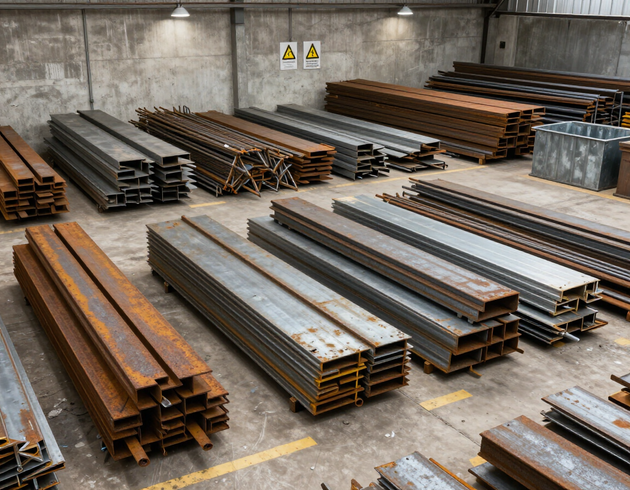 Profilati e sfridi metallici impilati in modo ordinato in un'area di recupero materiali.