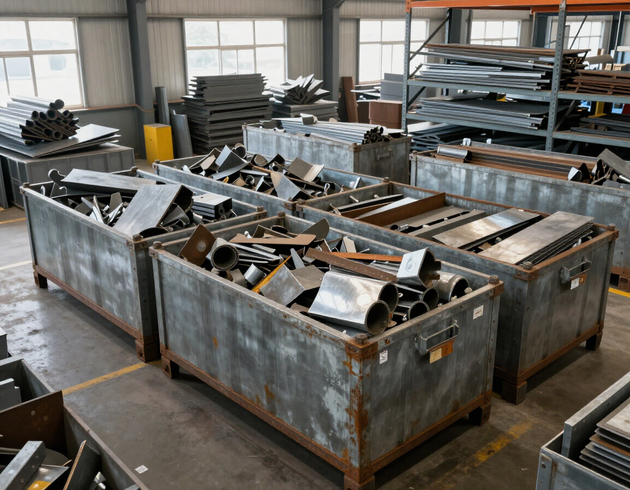 Materiali ferrosi raccolti e separati in un'area di lavoro industriale per il successivo recupero.