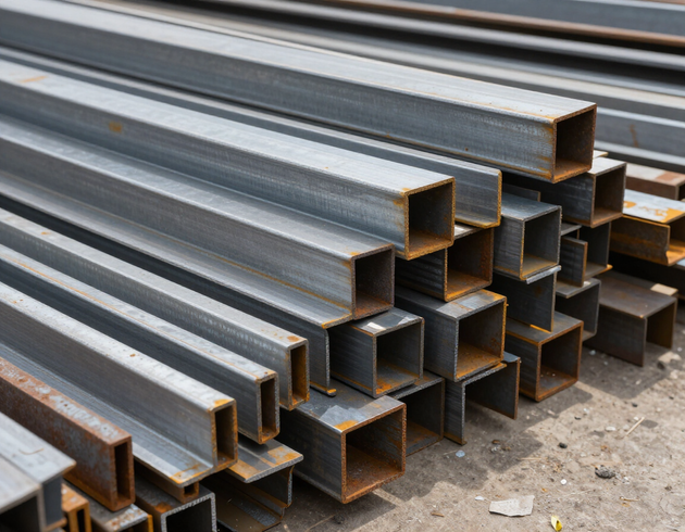 Cumulo ordinato di rottami ferrosi e profilati metallici pronti per il recupero e il carico.