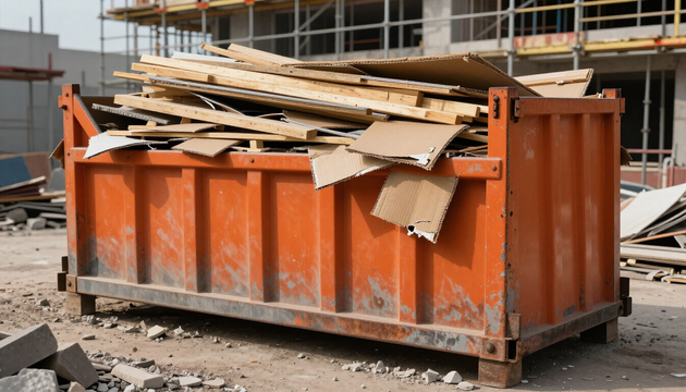 Un cassone scarrabile per materiali misti contiene legno, cartone e altri residui da ristrutturazione.