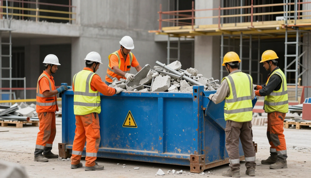 Un cassone scarrabile in cantiere viene riempito con materiali inerti durante un lavoro edile ordinato e professionale.