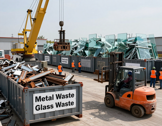 Materiali ferrosi e vetro separati in aree di raccolta dedicate per il successivo trasporto autorizzato.