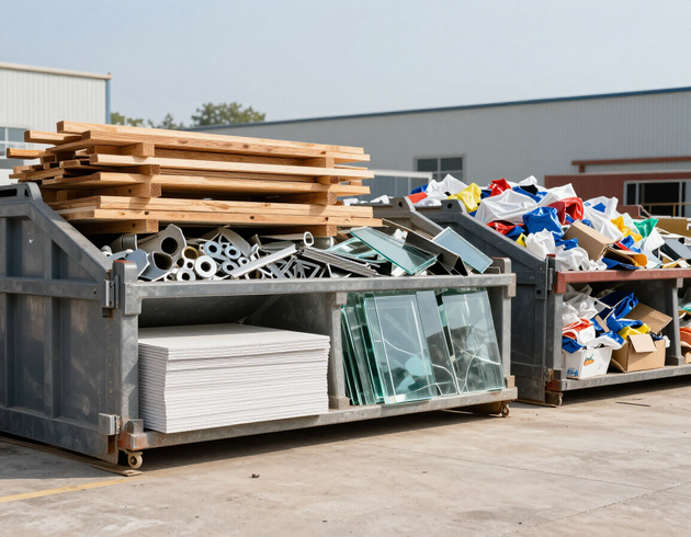 Cassoni con rifiuti di cantiere ordinati per tipologia, pronti per il ritiro e il trasporto verso impianti autorizzati.