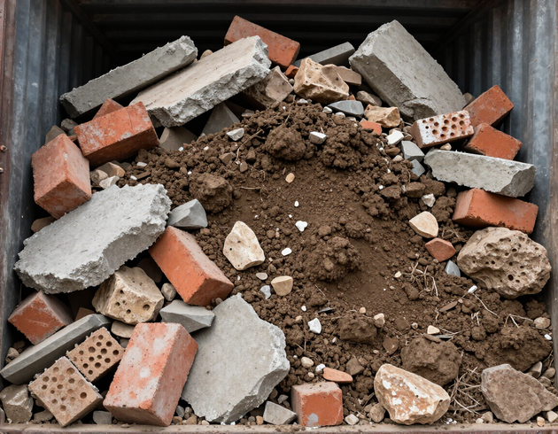 Dettaglio di macerie da demolizione e calcinacci raccolti in un cassone scarrabile per il ritiro e lo smaltimento.