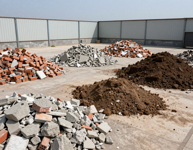 Area di cantiere con cumuli ordinati di macerie, mattoni e calcinacci pronti per il ritiro e il conferimento autorizzato.