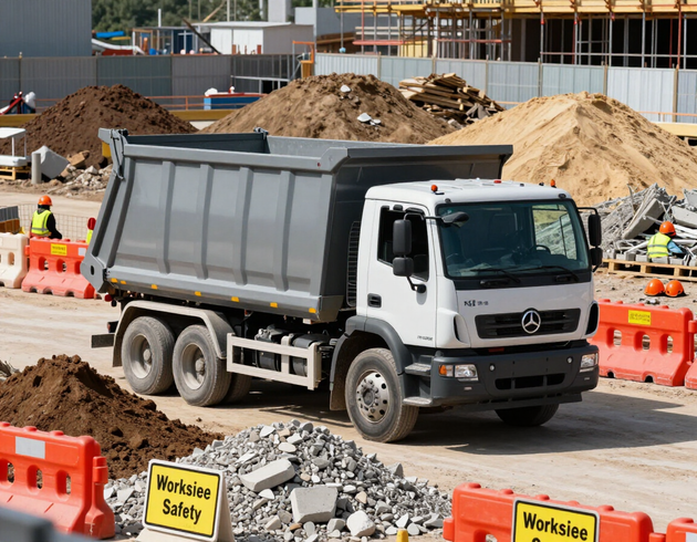 Autocarro per cassoni scarrabili in un cantiere con materiali inerti pronti per il trasporto verso l’impianto autorizzato.