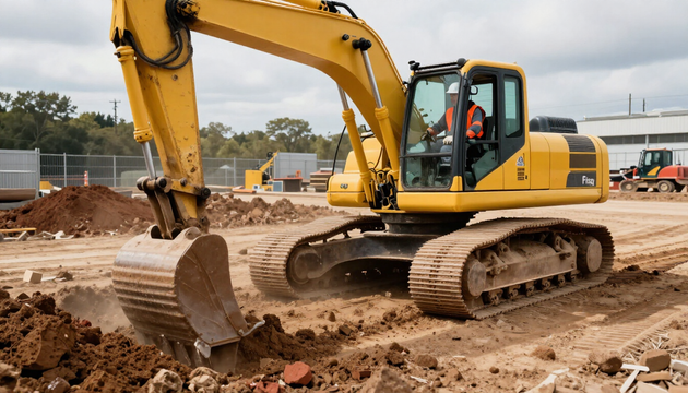 Escavatore al lavoro durante uno sbancamento in un cantiere edile con terreno smosso e operatore professionale.
