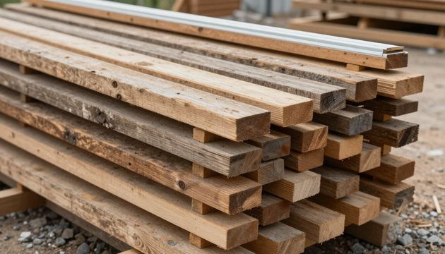 Materiali lignei accatastati in modo ordinato in attesa di recupero e smaltimento.