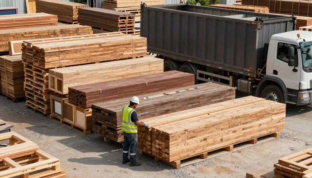 Catasta ordinata di legno da cantiere pronta per il ritiro e il conferimento.