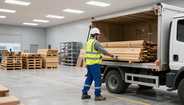 Operatore che raccoglie e carica scarti lignei di cantiere su un mezzo autorizzato.