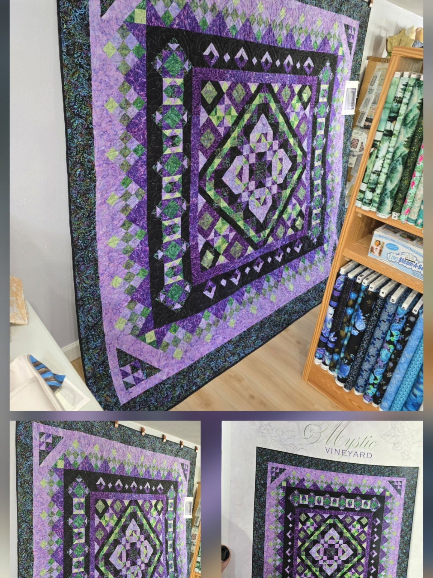 Purple and black geometric quilt hanging in a shop, with two smaller views below.