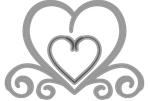 Gray outlined double heart with decorative swirls at the bottom.