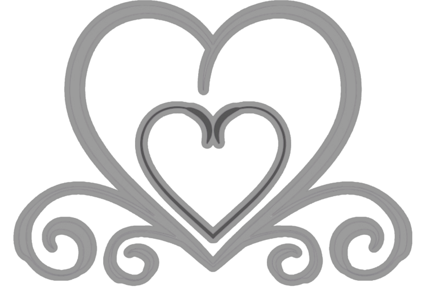 Gray outlined double heart with decorative swirls at the bottom.