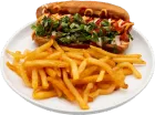Hot dog with toppings and french fries on a white plate.