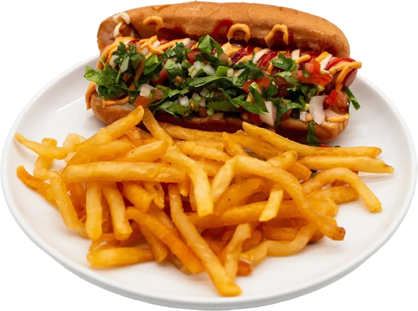 Hot dog with toppings and french fries on a white plate.