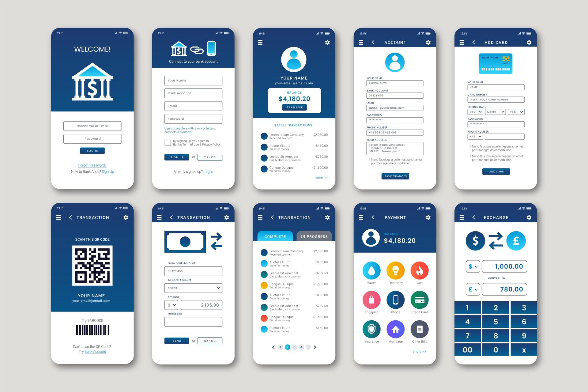 Um conjunto de designs de interface de usuário para um aplicativo de banco móvel.