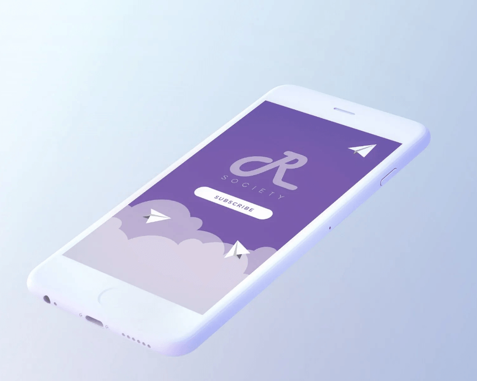 Um celular branco com uma tela roxa e a letra r nele