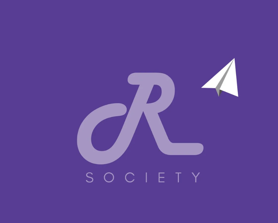 Um fundo roxo com a letra r e um avião de papel