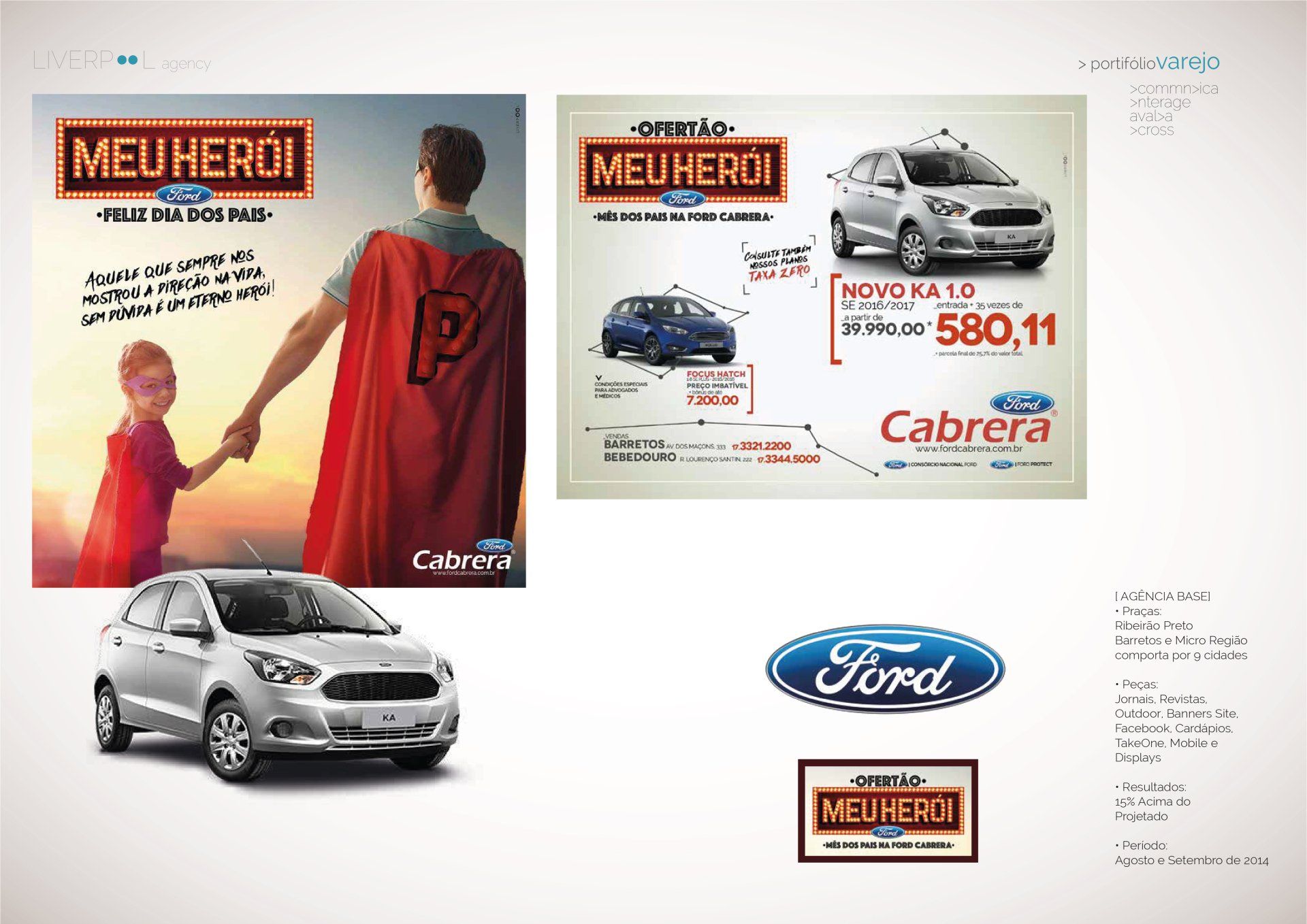 Um homem de capa segura a mão de uma criança em frente a um carro Ford.